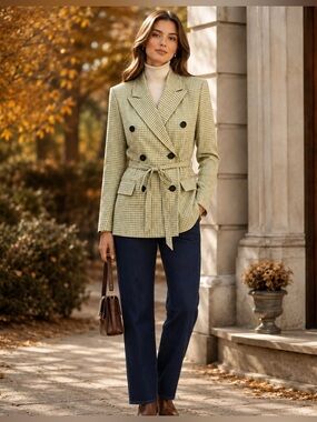 NWOT AVEC LES FILLES DOUBLE-BREASTED BELTED GINGHAM JACKET BLAZER SZ M